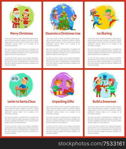 Merry Christmas holidays, winter vacations posters set with text sample vector. Children with Santa Claus, decoration of evergreen tree, making wish. Merry Christmas Holidays, Winter Vacations Set