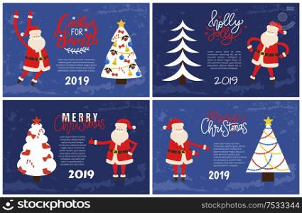 Merry Christmas, Holly Jolly greeting card on 2019 New Year holidays. Cookies for Santa, vector postcard decorated Xmas trees and cartoon Father Frost. Merry Christmas Card Santa 2019 New Year Holiday