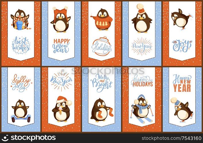 Merry Christmas holly jolly penguin animal bird with beak vector. Posters with text sample greeting with winter holiday and New Year, birdie with wings. Merry Christmas Penguins Cartoon Animals, Birds