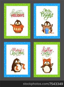 Merry Christmas holly jolly penguin posters set with greeting text vector. Animal with present, gift with bow and ribbons, socks and knitted sweater. Merry Christmas Holly Jolly Penguin Posters Set