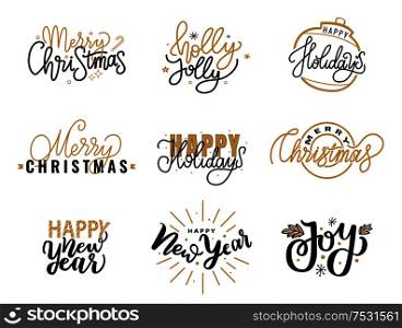 Merry Christmas, Holly Jolly quote, happy holidays and New Year, joy greeting cards design, lettering font, stars and snowflakes. Black and gold inscriptions. Merry Christmas, Holly Jolly Quote, Happy Holidays
