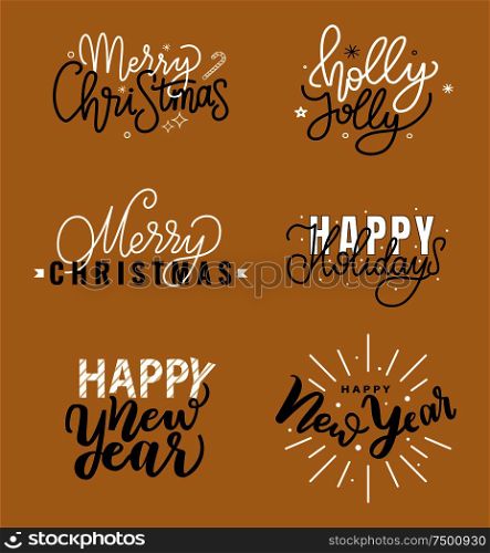 Merry Christmas, Holly Jolly quote, Happy New Year festive greetings, calligraphy print with winter season wishes. Handwritten text, best Xmas lettering. Merry Christmas, Holly Jolly Quote, Happy New Year