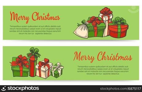 Merry Christmas horizontal banners. Merry Christmas horizontal banners. Gift boxes. Hand drawn style. Vector illustration
