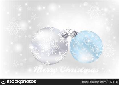 Merry Christmas - illustration with bauble in silver and blue on silver shining background decorated by snowflakes, stars and glitter