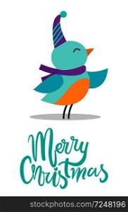 Merry Christmas, image of little birdie and title, bird wearing hat and purple scarf and singing with closed eyes, headline below vector illustration. Merry Christmas Birdie, Title Vector Illustration
