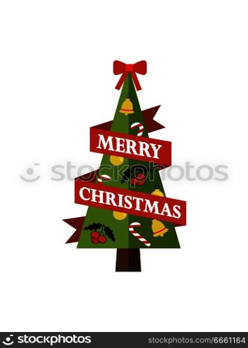 Merry Christmas, image of pine tree that is symbol of holiday, ribbon and headline, bells and candies, mistletoe and ball on vector illustration. Merry Christmas Pine Tree on Vector Illustration