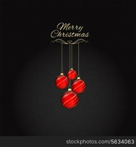 Merry Christmas image with hanging baubles on a carbon fibre background