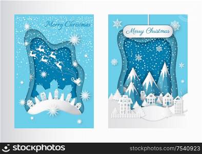 Merry Christmas in town. Tree and mountain, deer and Santa, house and hill, snowfall and ice with coldness, nature and holiday vector illustration. Merry Christmas in Town. Tree and Mountain Vector