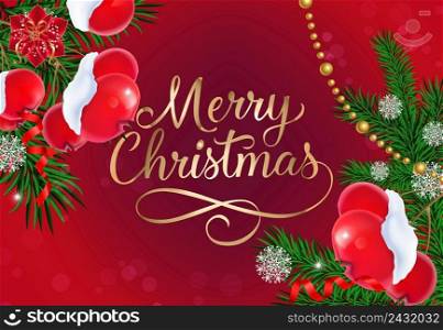 Merry Christmas inscription decorated with fir sprigs, mistletoe berries and strings of beads on red background. Can be used for postcards, festive design, posters