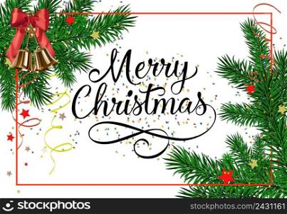 Merry Christmas inscription in frame with fir sprigs, streamer and bells on white background. Can be used for postcards, banners, posters.
