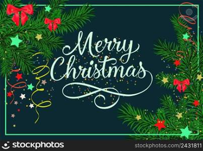 Merry Christmas inscription in frame with fir sprigs, streamer and confetti on dark blue background. Can be used for postcards, festive design, posters