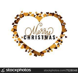 Merry Christmas inscription, lettering sign with happy winter holidays wishes. Typography doodle text, calligraphic letters in heart shape golden frame. Merry Christmas Inscription, Winter Lettering Sign