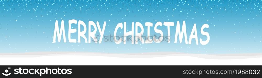 Merry Christmas inscription on the blue sky which is covered with snowflakes and bright stars.
