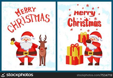 Merry Christmas inscription, Santa Claus and deer helper, reindeer cartoon animal. Father Frost puts gifts on pile, vector old man adventures postcards. Merry Christmas Lettering, Santa Claus Deer Helper
