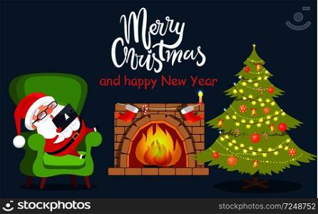 Merry Christmas interior poster, room with pine tree decorated with balls, fireplace with socks, sleeping Santa Claus with laptop vector illustration. Merry Christmas Interior, Vector Illustration