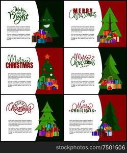 Merry Christmas invitations templates with green Xmas trees and piles of gifts beneath. Decorated spruces and forest pines, vector lettering inscriptions banners. Merry Christmas Invitations Templates Xmas Trees