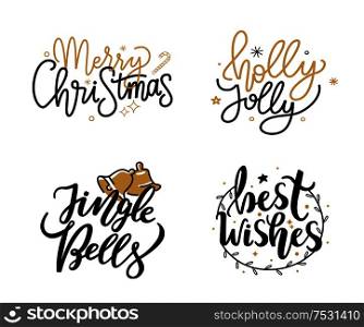 Merry Christmas, Jingle Bells and Best wishes, Holly Jolly quote, text for greeting cards. Lettering fonts and snowflakes, inscription, New Year celebration. Merry Christmas Jingle Bells and Best Wishes Holly