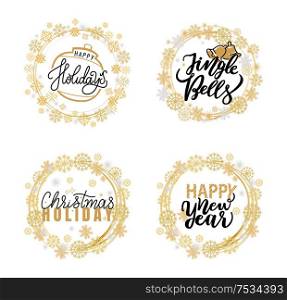 Merry Christmas, Jingle bells and warm wishes festive greetings, calligraphic prints, winter. Xmas lettering for postcards, vector in wreath tag, snowflakes. Merry Christmas Festive Greeting Calligraphic Print