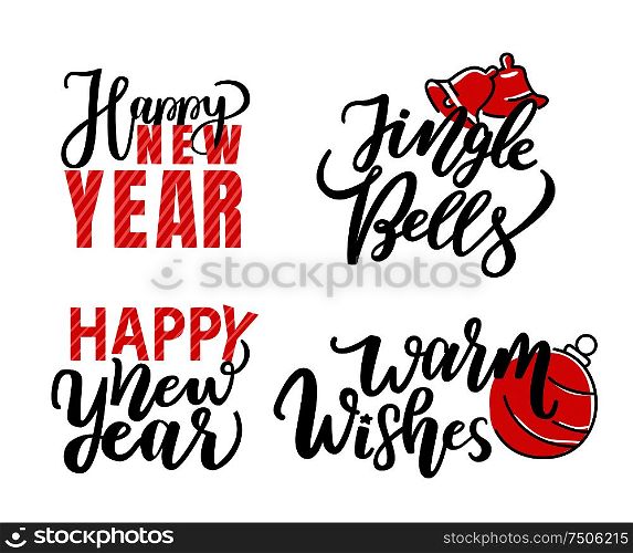 Merry Christmas, Jingle Bells and warm wishes print, lettering text vector isolated. Winter holidays greetings on New Year, hand drawn calligraphic doodles. Merry Christmas Print, Lettering Vector Isolated