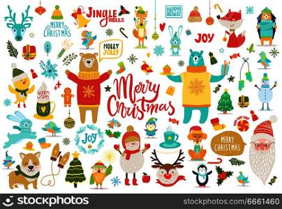 Merry Christmas, jingle bells, holly jolly, set of items dedicated to wintertime holidays, animals and icons, titles and stickers vector illustration. Merry Christmas Jingle Bells Vector Illustration