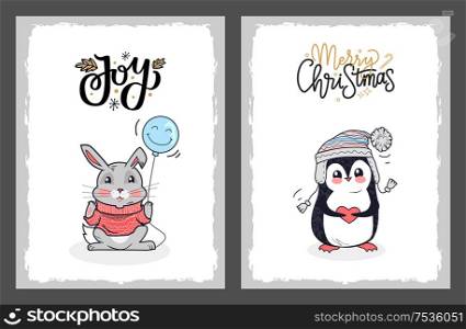 Merry Christmas joy postcards with penguin holding heart and hare with balloon. Happy holidays, bird dressed in knitted winter hat and bunny with scarf. Christmas Happy Holidays Postcard Penguin and Hare