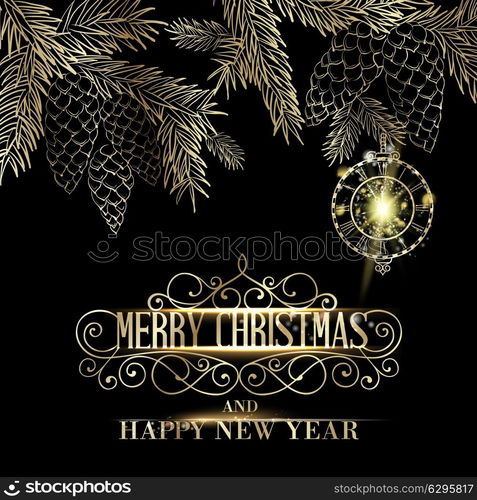 Merry christmas label with swirld design elements over black background. Vector illustration.