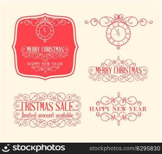 Merry christmas label with swirld design elements set. Happy new year collection. Vector illustration.