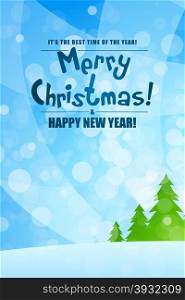 Merry Christmas Landscape Card with Green Firtree. Merry Christmas Landscape