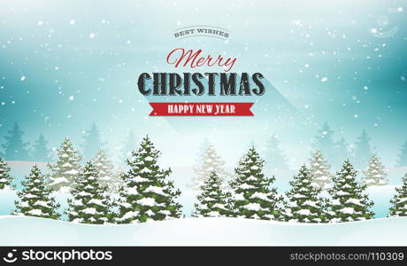 Merry Christmas Landscape Postcard. Illustration of a snowy christmas landscape background, with firs, banner and wishes for winter and new year holidays