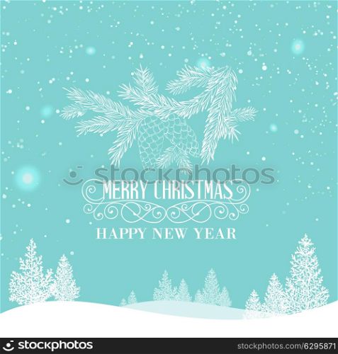 Merry Christmas Landscape with snow hills and trees. Vector illustration.