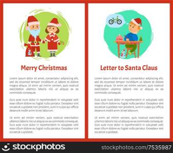 Merry Christmas letter to Santa Claus written by small boy vector. Winter characters Snow Maiden with candy, Saint Nicholas holding sack with presents. Merry Christmas Letter Santa Claus Written by Boy