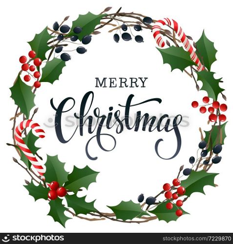Merry Christmas lettering banner for web or social media. Holiday greeting card template. Wreath, frame of winter plants, candy cane and branches isolated.. Merry Christmas lettering banner for web or social media. Holiday greeting card template. Hand drawn style vector illustration. Wreath, frame of winter plants, candy cane and branches isolated.