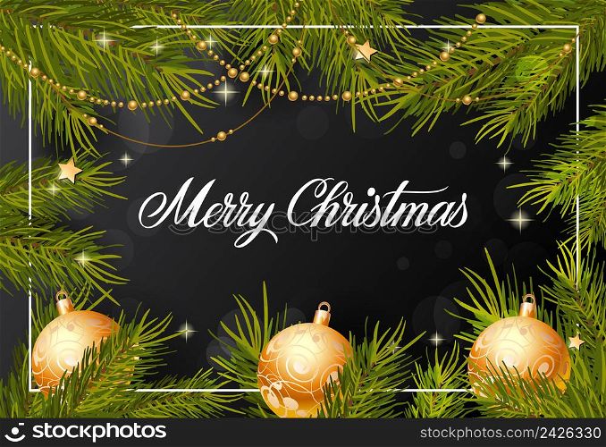 Merry Christmas lettering. Beautiful inscription with golden ornaments and pearls. Handwritten text, calligraphy. Can be used for greeting cards, posters and leaflets