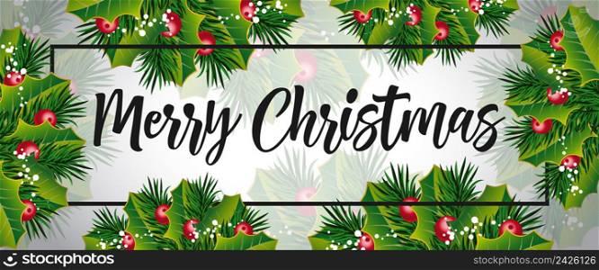 Merry Christmas lettering. Beautiful inscription with leaves and mistletoe. Handwritten text, calligraphy. Can be used for greeting cards, posters and leaflets