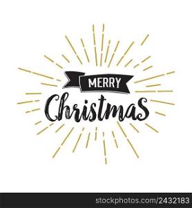 Merry Christmas lettering. Calligraphic inscription with golden sunlight and word on scroll. Handwritten text, calligraphy. Can be used for greeting cards, posters and leaflets