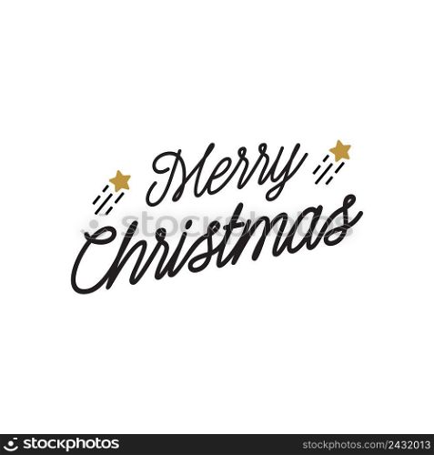 Merry Christmas lettering. Calligraphic inscription with raising golden stars. Handwritten text, calligraphy. Can be used for greeting cards, posters and leaflets