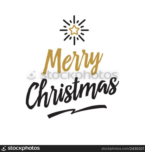 Merry Christmas lettering. Calligraphic inscription with shining star above text. Handwritten text, calligraphy. Can be used for greeting cards, posters and leaflets