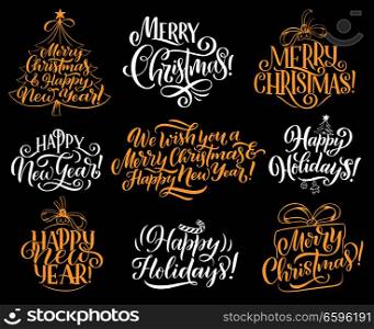 Merry Christmas lettering calligraphy for Xmas and Happy New Year greeting card. Vector design of Christmas tree with star decoration and gift or candy cane for winter holidays celebration. Merry Christmas holiday vector greeting lettering