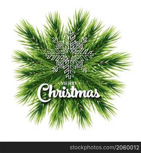 Merry Christmas lettering card with pine branch and snowflake. Vector illustration. New Year holiday concept for club or party flyer. Isolated Ccristmas decoration.