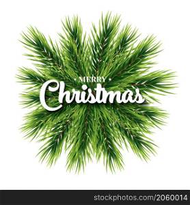 Merry Christmas lettering card with pine branch. Vector illustration. New Year holiday concept for club or party flyer. Isolated Ccristmas decoration.
