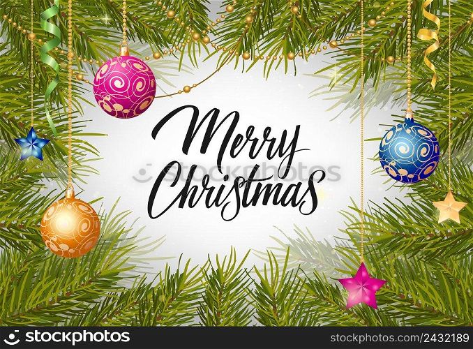 Merry Christmas lettering. Creative inscription with decorated ornaments and spruce twigs. Handwritten text, calligraphy. Can be used for greeting cards, posters and leaflets