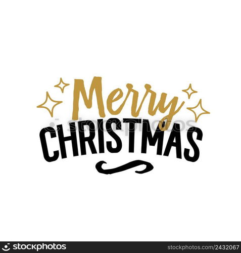 Merry Christmas lettering. Creative inscription with golden stars. Handwritten text, calligraphy. Can be used for greeting cards, posters and leaflets