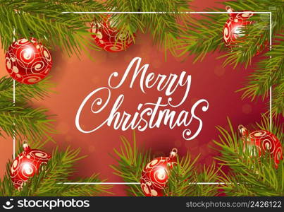 Merry Christmas lettering. Creative inscription with red baubles on fir twigs. Handwritten text, calligraphy. Can be used for greeting cards, posters and leaflets