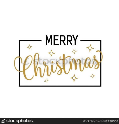Merry Christmas lettering. Creative inscription with small bright stars in frame. Handwritten text, calligraphy. Can be used for greeting cards, posters and leaflets