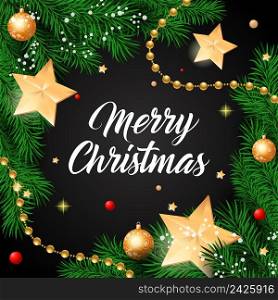 Merry Christmas lettering. Dark background with golden stars and twigs. Handwritten text, calligraphy. Can be used for greeting cards, posters and leaflets