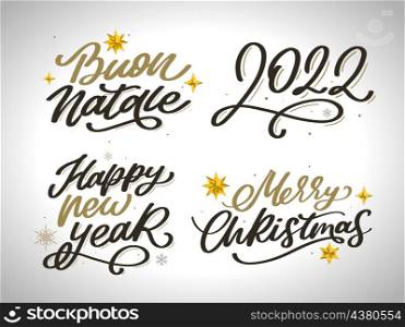 Merry Christmas Lettering Design Set. Vector illustration. Merry Christmas New Year 2022 Lettering Calligraphy Design Set. Vector illustration