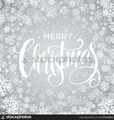 Merry Christmas lettering design with white snowflakes on gray gradient background. Vector illustration. Merry Christmas lettering design with white snowflakes on gray gradient background. Vector illustration EPS10