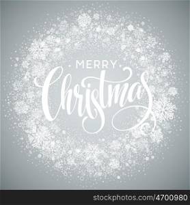 Merry Christmas lettering design with white snowflakes on gray gradient background. Vector illustration. Merry Christmas lettering design with white snowflakes on gray gradient background. Vector illustration EPS10
