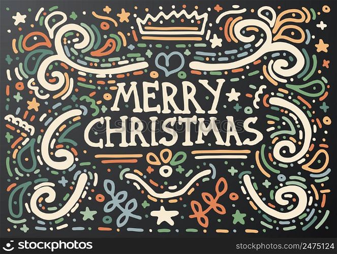 Merry Christmas Lettering. Hand Drawn Vintage Print with Curly Ornament. Vintage Background. Isolated on Black.