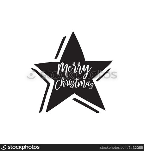 Merry Christmas lettering. Holiday inscription with black star. Handwritten text, calligraphy. Can be used for greeting cards, posters and leaflets